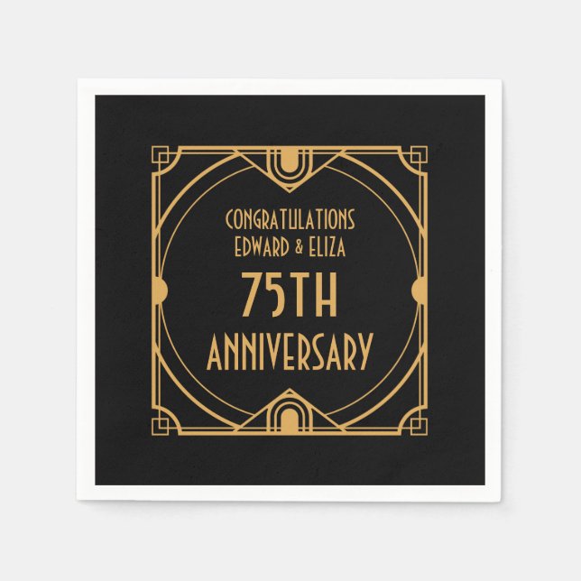 Art Deco Name 75th Wedding Anniversary Gold Black Napkin (Front)