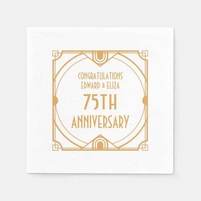 Art Deco Name 75th Wedding Anniversary Gold White Napkin (Front)