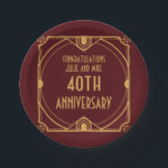 Art Deco Names 40th Wedding Anniversary Ruby Red Paper Plate<br><div class="desc">An Elegant Art Deco style for a 40th Ruby Wedding anniversary. The gold typography sits within a twenties style frame on a burgundy red background with a gold rim. You can easily personalise the text, and also change fonts, text colour and background colours if you wish via the Click to...</div>
