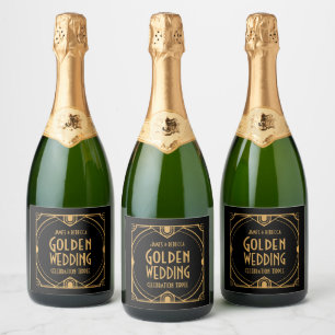 Art Deco Names Golden Wedding CelebratIon Black Sparkling Wine Label