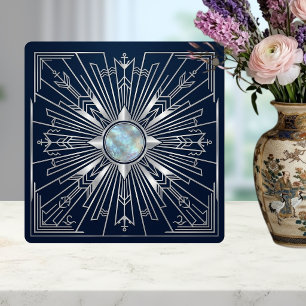 Art Deco Nautical Sunburst Navy Silver Ceramic Tile