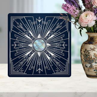 Art Deco Nautical Sunburst Navy Silver Ceramic Tile