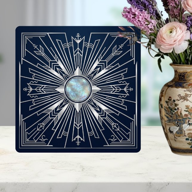 Art Deco Nautical Sunburst Navy Silver Ceramic  Tile (Creator Uploaded)