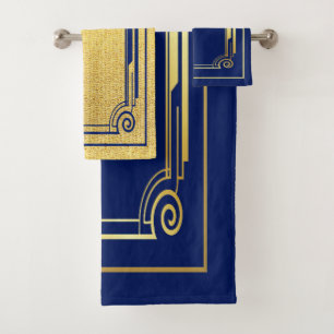 Art Deco Navy and Gold Frame Bath Towel Set