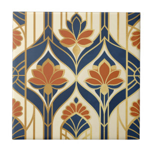 Art Deco Navy Terracotta & Gold Lotus Ceramic Tile