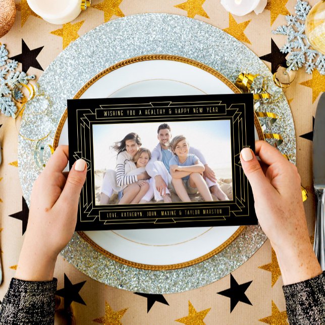 Art Deco New Year Photo Black and Gold Foil Holiday Card (Creator Uploaded)