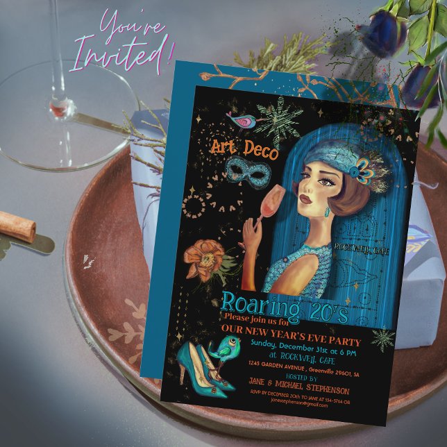 Art Deco New Year’s Eve Teal Black Invitation  (Art Deco New Year’s Eve Teal Black Invitation )