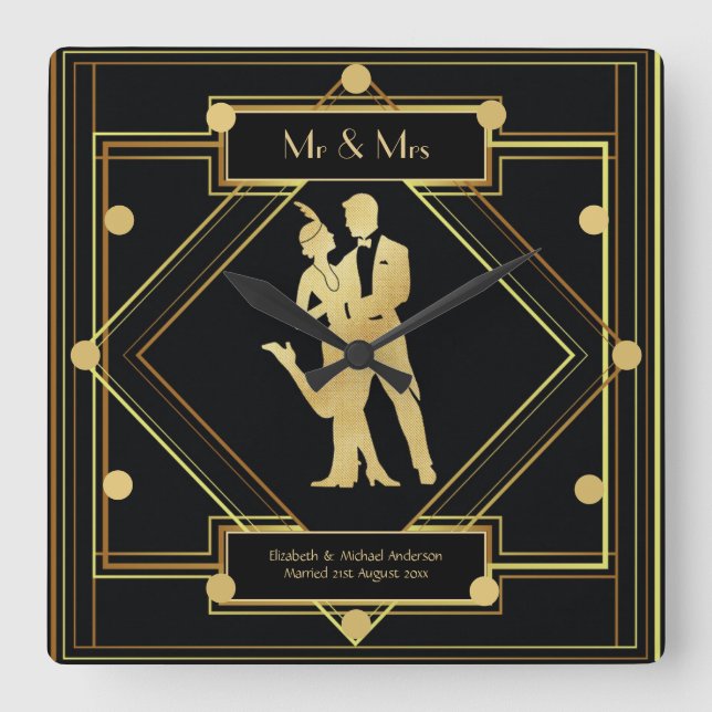 Art Deco Newlyweds 1920s Couple Black Gold Custom Square Wall Clock (Front)