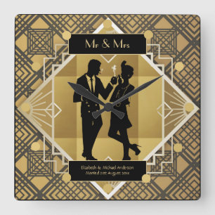 Art Deco Newlyweds 1920s Couple Black Gold Custom Square Wall Clock