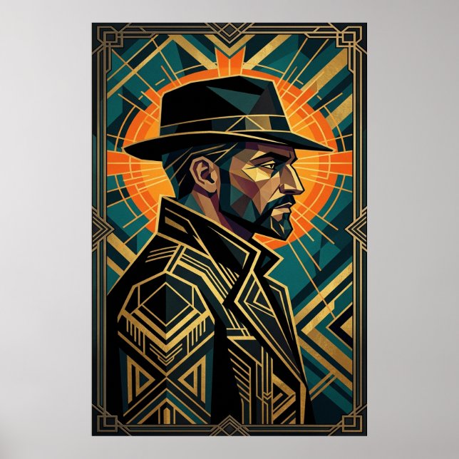 Art Deco Noir Detective Fedora Profile Gold  Poster (Front)