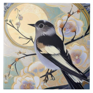 Art Deco Nouveau Bird on Branch Muted Floral Ceramic Tile