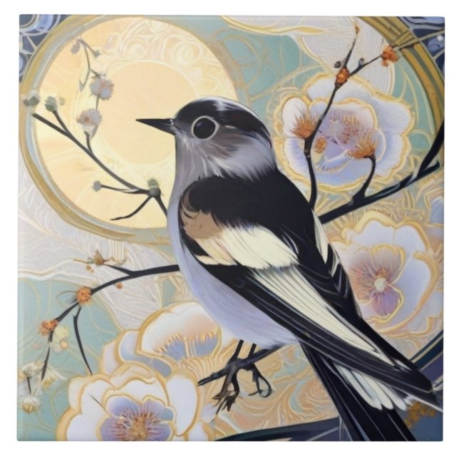 Art Deco Nouveau Bird on Branch Muted Floral Ceramic Tile (Front)
