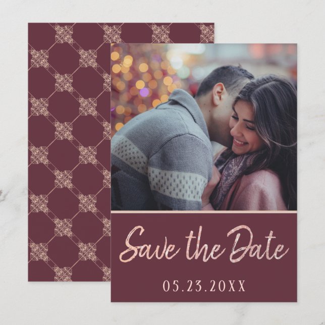 Art Deco Nouveau | Burgundy Rose Gold Blush Photo Save The Date (Front/Back)