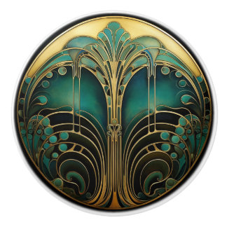  Art Deco Nouveau Elegant Turquoise Gold  Black  Ceramic Knob
