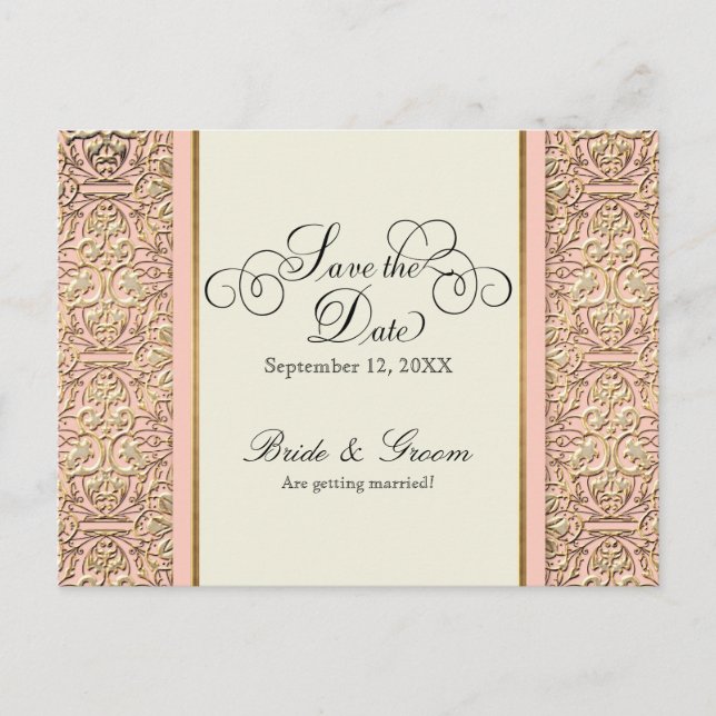 Art Deco Nouveau Faux Gold Floral Damask Lace Invitation Postcard (Front)