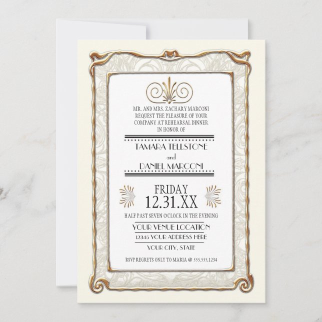 Art Deco Nouveau Gatsby Gold Rehearsal Dinner Invitation (Front)