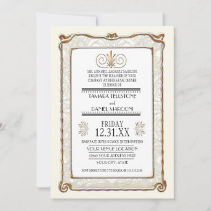 Art Deco Nouveau Gatsby Gold Rehearsal Dinner Invitation