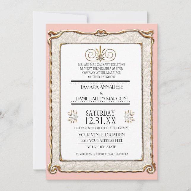 Art Deco Nouveau Gatsby Style Gold n Lace Look Invitation (Front)
