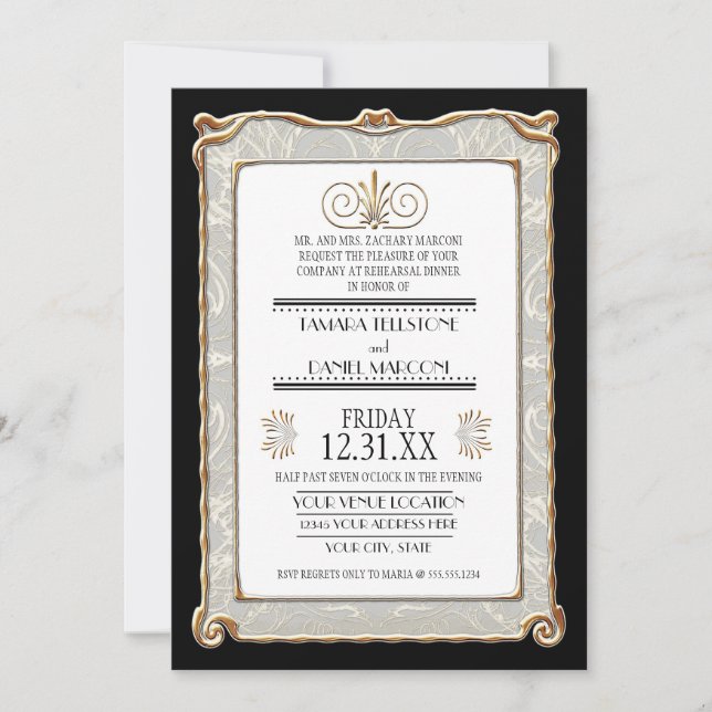 Art Deco Nouveau Gatsby Style Gold n Lace Look Invitation (Front)