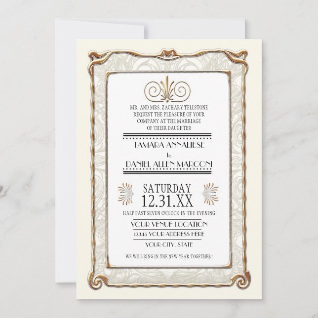Art Deco Nouveau Gatsby Style Gold n Lace Look Invitation (Front)