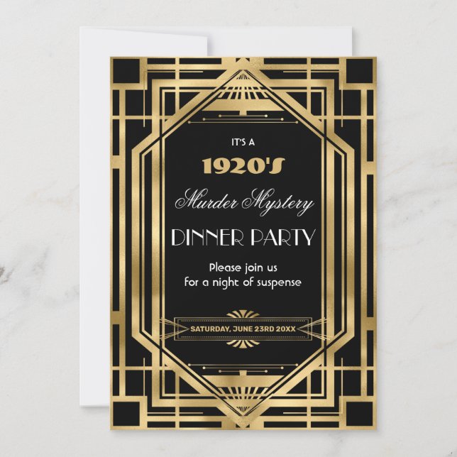 Art Deco Nouveau Murder Mystery Party Gold Black Invitation (Front)