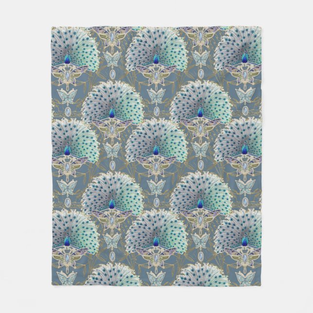 Art Deco Nouveau Peacock Butterfly Slate Blue Gold Fleece Blanket (Front)