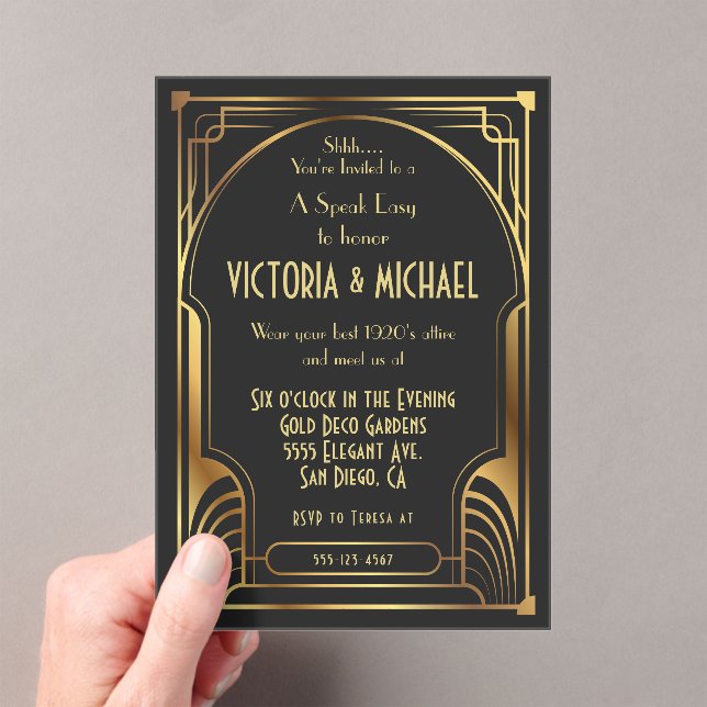 Art Deco Nouveau Speak Easy Party Gold & Black Acrylic Invitations (Insitu (Handheld))