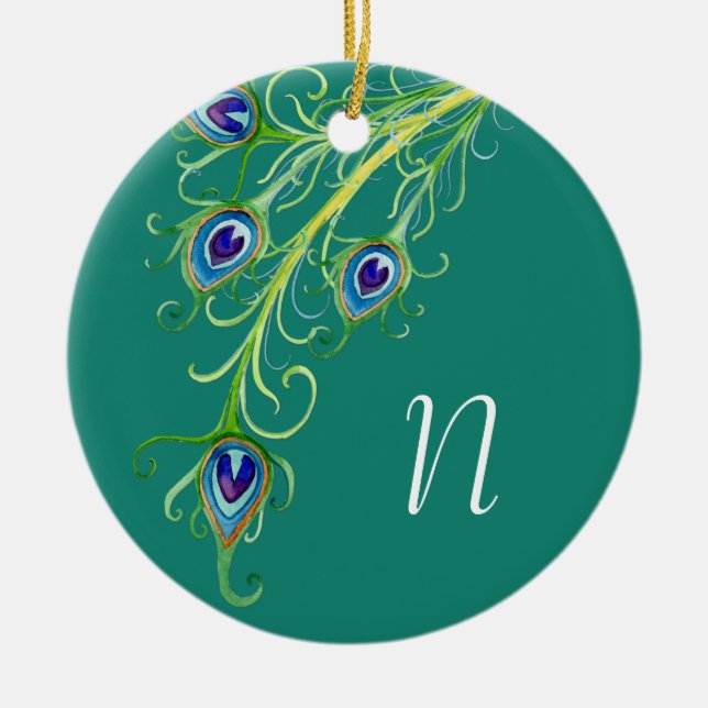 Art Deco Nouveau Style Peacock Feathers Swirl Ceramic Ornament (Front)