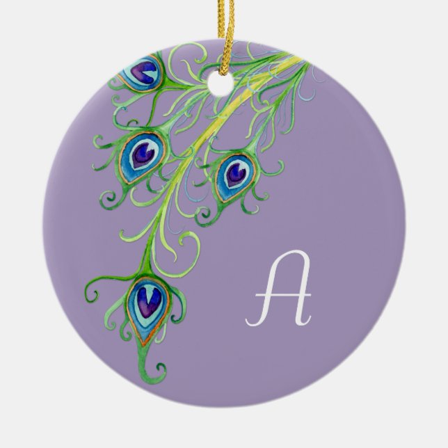 Art Deco Nouveau Style Peacock Feathers Swirl Ceramic Tree Decoration (Front)