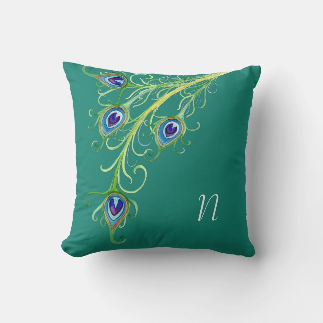 Art Deco Nouveau Style Peacock Feathers Swirl Cushion (Front)