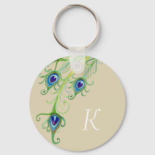 Art Deco Nouveau Style Peacock Feathers Swirl Key Ring