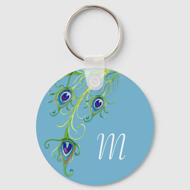 Art Deco Nouveau Style Peacock Feathers Swirl Key Ring (Front)