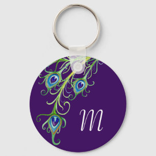 Art Deco Nouveau Style Peacock Feathers Swirl Key Ring