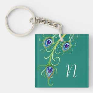 Art Deco Nouveau Style Peacock Feathers Swirl Key Ring