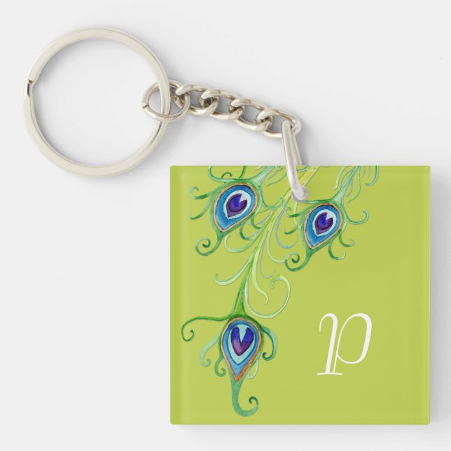 Art Deco Nouveau Style Peacock Feathers Swirl Key Ring (Front)