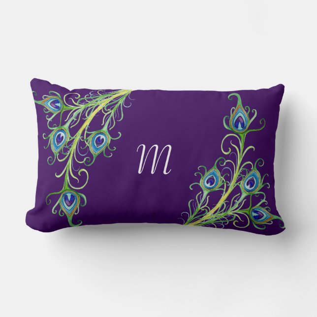 Art Deco Nouveau Style Peacock Feathers Swirl Lumbar Cushion (Front)