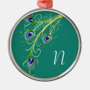 Art Deco Nouveau Style Peacock Feathers Swirl Metal Tree Decoration