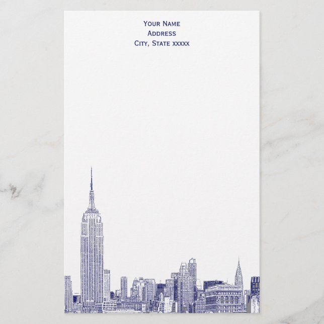Art Deco NYC Skyline Etched 01 Stationery Blue (Front)