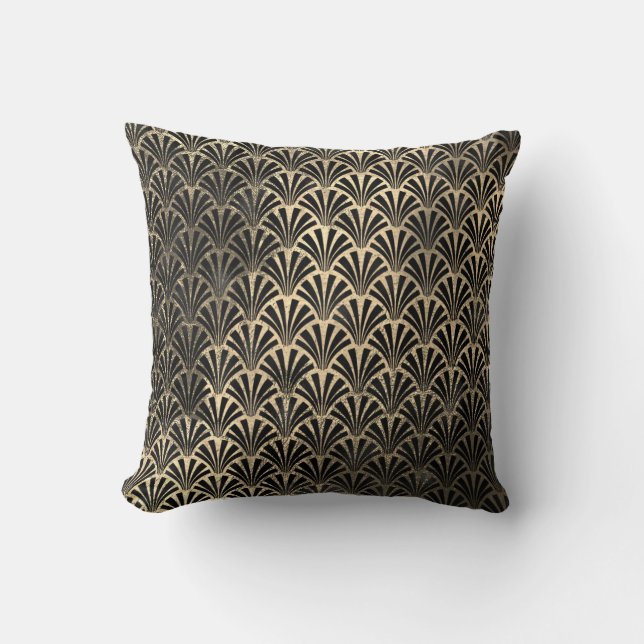 Art Deco Ocean Black Sepia Gold Seashells Scale Cushion (Front)