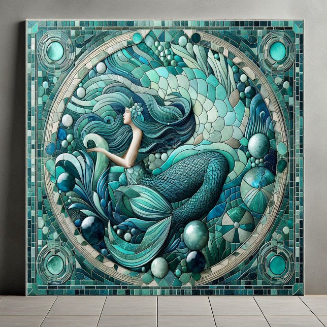 Art Deco Ocean Mermaid Aqua Blue Coral Mosaic Cool Ceramic Tile (Art Deco Ocean Mermaid Aqua Blue Coral Mosaic Cool Ceramic Tile)