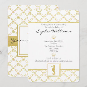 Art Deco Ocean Wave Gold Glitter Seahorse Birthday Invitation