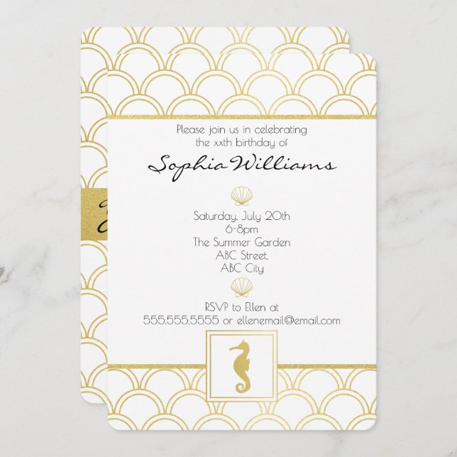 Art Deco Ocean Wave Gold Glitter Seahorse Birthday Invitation (Front/Back)