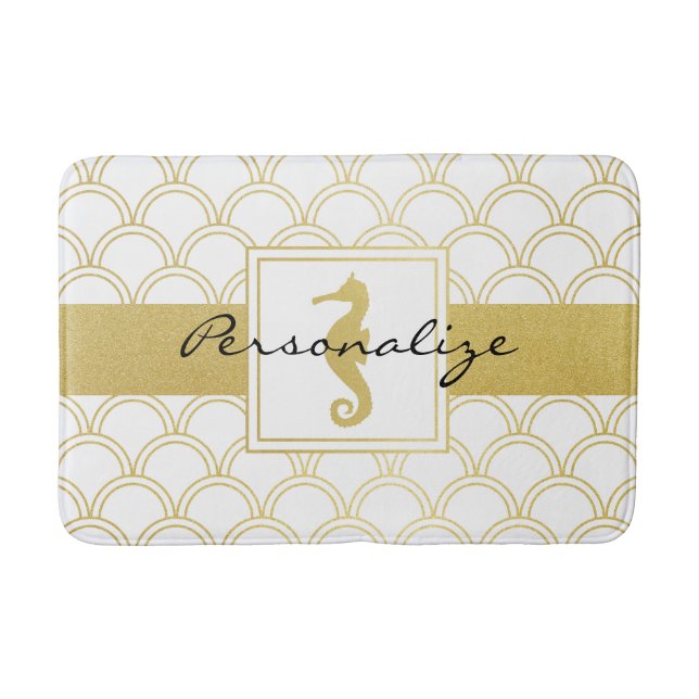 Art Deco Ocean Wave Gold Seahorse Beach House Bath Mat (Front)