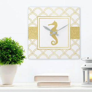 Art Deco Ocean Wave Gold Seahorse Beach House Square Wall Clock