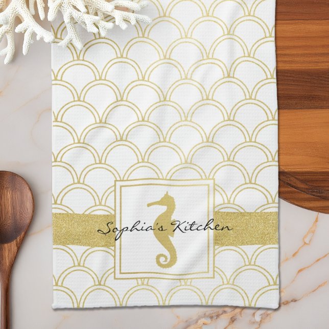 Art Deco Ocean Wave Gold Seahorse Beach House Tea Towel (Creator Uploaded)