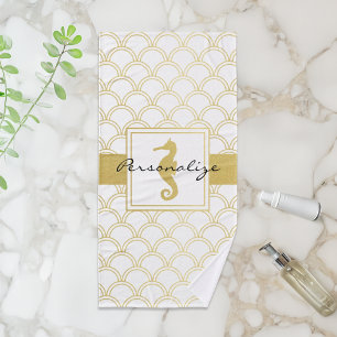 Art Deco Ocean Wave Patten Gold Glitter Seahorse Bath Towel Set