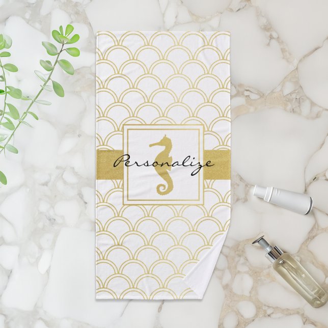 Art Deco Ocean Wave Patten Gold Glitter Seahorse Bath Towel Set (Creator Uploaded)