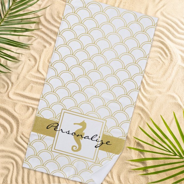 Art Deco Ocean Wave Patten Gold Glitter Seahorse Beach Towel (Creator Uploaded)
