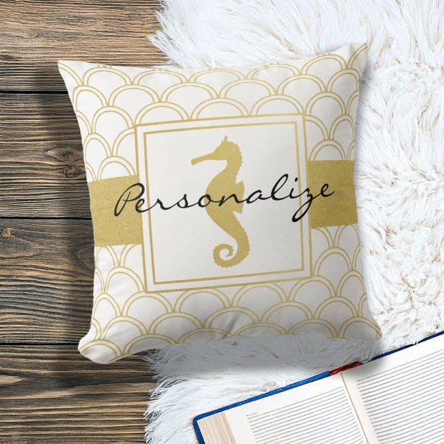 Art Deco Ocean Wave Patten Gold Glitter Seahorse Cushion (Creator Uploaded)