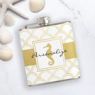 Art Deco Ocean Wave Patten Gold Glitter Seahorse Hip Flask